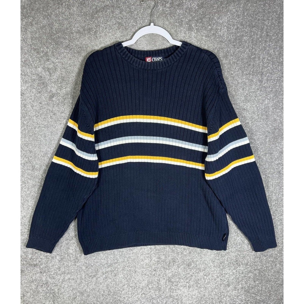 Vintage Chaps Ralph Lauren Heavy Ribbed Knit Striped Sweater Mens XL Blue Yellow